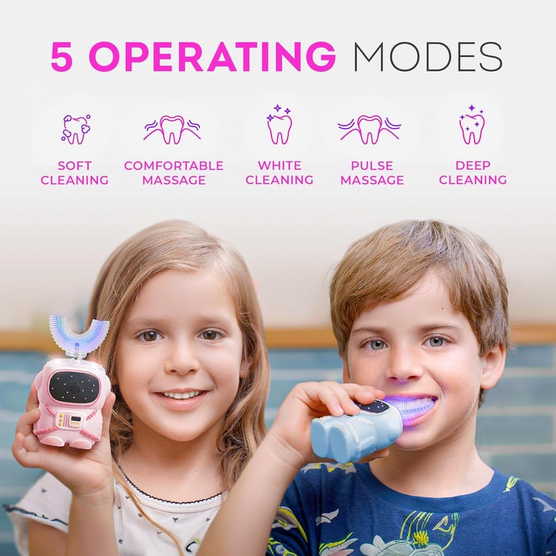 Bendi Sensory 360 Round U-Shaped Astronaut Design Mouthguard Electric Toothbrush for Kids Ages 2-7 - Automatic Memory Function - 5 Modes Toothbrush with Multiple Heads – Kids Travel Essentials (Pink) - Image 4